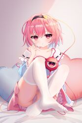 1girl absurdres bare_shoulders crossed_ankles full_body hair_between_eyes highres komeiji_satori looking_at_viewer nicknameokupied no_shoes pink_eyes pink_hair sitting soles solo touhou upskirt