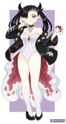 Rule 34 | 1girl, absurdres, asymmetrical bangs, black choker, black hair, black jacket, black nails, border, breasts, choker, cleavage, closed mouth, cosplay, earrings, full body, gen 1 pokemon, goldeen, goldeen (cosplay), green eyes, high heels, highres, holding, holding poke ball, jacket, jewelry, leotard, looking at viewer, marnie (pokemon), medium breasts, nico-neko, nintendo, poke ball, poke ball (basic), pokemon, pokemon (anime), pokemon (classic anime), pokemon swsh, single earring, solo, standing, thighs, twintails, undercut, white border, white leotard
