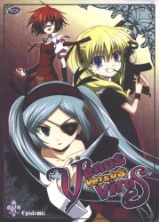 00s 3girls blonde_hair blue_eyes blue_hair crazy crazy_eyes eyepatch food goth_fashion gun hair_over_one_eye lola_(venus_versus_virus) long_hair mole mole_under_eye multiple_girls nahashi_lucia official_art orange_hair pocky red_hair ribbon short_hair smile suzumi_atsushi takahana_sumire venus_versus_virus very_long_hair weapon