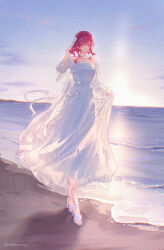 1girl absurdres alternate_costume alternate_hairstyle bare_shoulders beach blush breasts collarbone commentary commentary_request day dress english_commentary flower full_body hair_flower hair_ornament hand_up high_heel_sandals highres hitohachan honkai:_star_rail honkai_(series) kafka_(honkai:_star_rail) long_dress long_hair looking_at_viewer medium_breasts mixed-language_commentary ocean outdoors parted_lips purple_eyes purple_hair sand sandals shore smile solo standing toes twitter_username water watermark white_dress white_flower