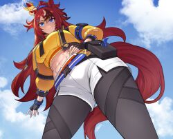 1girl animal_ears arm_belt bandeau black_gloves black_thighhighs blowing_bubbles blue_eyes breasts brown_hair bubble_gum_fellow_(umamusume) chest_belt chewing_gum cropped_jacket ear_chain ear_ornament fingerless_gloves from_below fukuro_(maruaru00) gloves hair_ornament highres horse_ears horse_girl horse_tail jacket large_breasts linked_piercing long_hair looking_at_viewer multicolored_hair navel piercing shorts sleeve_pouch solo tail thighhighs umamusume white_hair white_shorts yellow_bandeau yellow_jacket