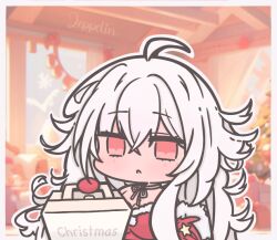 1girl azur_lane bare_shoulders breasts character_name chibi chibi_only christmas christmas_ornaments cleavage commentary dress fur-trimmed_dress fur_trim futaba_(anti_clockwise) gloves graf_zeppelin_(azur_lane) hair_between_eyes indoors large_breasts long_hair looking_at_viewer red_gloves red_hair santa_costume solo symbol-only_commentary white_hair