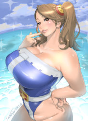 Rule 34 | 10s, 1girl, bare shoulders, breasts, brown eyes, brown hair, cleavage, cloud, cosplay, cowboy shot, curvy, dated, female focus, finger to mouth, gundam, gundam build fighters, gundam build fighters try, hair ornament, highleg, highleg leotard, highres, huge breasts, kotoyoshi yumisuke, large breasts, leotard, looking at viewer, ocean, outdoors, parted lips, plump, sazaki kaoruko, sazaki kaoruko (cosplay), sky, solo, sparkle, strapless, strapless leotard, twintails