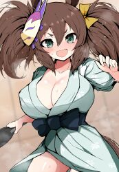 Rule 34 | 1girl, :d, akizuki shigure, animal ears, blush, breasts, brown hair, cleavage, fang, fox mask, green eyes, green kimono, hair between eyes, highres, horse ears, horse girl, horse tail, inari one (umamusume), japanese clothes, kimono, large breasts, looking at viewer, mask, mask on head, open mouth, smile, solo, sweat, tail, twintails, umamusume