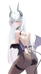 Rule 34 | 1girl, absurdres, ahoge, armband, ass, back, banpen, bare back, bare shoulders, black armband, black horns, black pantyhose, black wings, blue eyes, blush, borrowed character, breasts, closed mouth, clothing cutout, commentary, demon girl, demon horns, demon tail, demon wings, english commentary, from behind, from side, hand on own hip, heart, heart cutout, heart o-ring, highleg, highleg leotard, highres, horns, large breasts, leotard, long hair, looking at viewer, looking back, low wings, nail polish, o-ring, original, pantyhose, pink nails, pointy ears, sideboob, simple background, solo, standing, strapless, strapless leotard, tail, thea (nekojira), thigh strap, turning head, very long hair, white background, white hair, wings