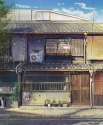 blue_sky building cat cloud cloudy_sky commentary_request condenser_unit day highres industrial_pipe mtya no_humans original outdoors plant potted_plant scenery sidewalk sky tile_roof