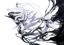absurdres beak black_background black_fur black_horns colored_skin corruption deepsea9013 dragon extra_eyes feathered_wings from_side gradient_tail highres holding_orb horns monster monster_focus multicolored_skin multiple_horns multiple_wings orb original simple_background solo transparent_wings two-tone_background two-tone_skin white_background white_fur wings