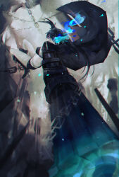 Rule 34 | 1girl, arm cannon, belt, bikini, black boots, black coat, black hair, black rock shooter, black rock shooter (character), black shorts, blue eyes, boots, chain, coat, flaming eye, glowing, glowing eye, highres, pale skin, rock cannon, scar, shorts, silent yan, solo, swimsuit, twintails, uneven twintails, weapon