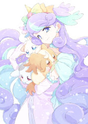 1girl animal blue_eyes blue_hair character_request commentary_request cowboy_shot dress holding holding_animal horns inukai_komugi inukai_komugi_(dog) long_hair multicolored_hair nekoyashiki_yuki nekoyashiki_yuki_(cat) nico-sama precure purple_dress purple_hair simple_background single_horn solo_focus t-okada toyama_daifuku two-tone_hair very_long_hair white_background wonderful_precure!