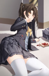 1girl accident bag black_jacket black_skirt blue_skirt blush bow bowtie bread bread_slice brown_hair covering_own_mouth dress_shirt eyes_visible_through_hair food food_on_clothes highres jacket jam long_hair long_sleeves lying mame_(hyeon5117) on_side open_clothes open_jacket original pleated_skirt shirt skirt solo thighhighs toast two_side_up white_thighhighs yellow_bow yellow_bowtie yellow_eyes