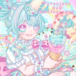 Rule 34 | 1girl, :3, anniversary, back bow, blush, bow, center frills, commentary request, double bun, food, frilled sleeves, frilled wrist cuffs, frills, green bow, green eyes, green hair, hair between eyes, hair bun, heart, heterochromia, highres, holding, holding food, holding ice cream, ice cream, lips, logo, multicolored eyes, multicolored hair, official art, pink bow, pink eyes, pink hair, puffy short sleeves, puffy shorts, puffy sleeves, purenista, short sleeves, shorts, sitting, sprinkles, star (symbol), streaked hair, white wrist cuffs, wrist cuffs