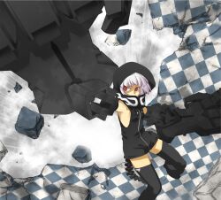 Rule 34 | 1girl, black hoodie, black rock shooter, black thighhighs, dark-skinned female, dark skin, debris, demon tail, flame print, hood, hoodie, jamamichi, mechanical arms, orange eyes, short hair, solo, strength (black rock shooter), tail, thighhighs, white hair