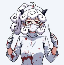 1girl alternate_costume black_horns blood blood_on_clothes blood_on_gloves blood_on_mask breasts curly_hair demon_girl demon_horns fujita_yoshinobu_(ksk_oda) glasses gloves helltaker holding_scalpel horns looking_ahead looking_at_viewer mask mouth_mask pandemonica_(helltaker) red_eyes simple_background white_background white_gloves white_hair