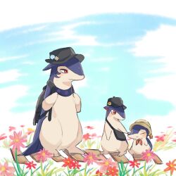 backpack bag blush closed_eyes creatures_(company) cyndaquil day evolutionary_line flower game_freak gen_2_pokemon grass hat highres hisuian_typhlosion holding_hands mizu_shiro nintendo pokemon pokemon_(creature) quilava red_eyes smile walking