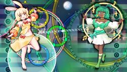 Rule 34 | 2girls, :d, animal ears, antennae, asayuba, avy the starry frog, barefoot, blonde hair, blush, bodypaint, bow, bow skirt, breasts, closed mouth, commentary request, dancer rabbit, danmaku, dark-skinned female, dark skin, detached sleeves, dress, dual wielding, earrings, fingernails, full body, full moon, gold necklace, green bow, green eyes, green hair, highres, holding, hoop earrings, jewelry, kunai, long sleeves, looking at viewer, magic circle, medium breasts, midriff, moon, multiple girls, navel, necklace, off-shoulder dress, off shoulder, open mouth, orange bow, outstretched arms, rabbit and steel, rabbit ears, rabbit girl, ribbon-trimmed skirt, ribbon-trimmed sleeves, ribbon-trimmed tube top, ribbon trim, short hair, skirt, sleeve bow, small breasts, smile, spread arms, strapless, toenails, tube top, weapon, white dress, white nails, yellow eyes, yellow skirt, yellow sleeves, yellow tube top