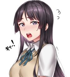 1girl akiyama_mio black_eyes black_hair blue_ribbon blush breasts collared_shirt from_side highres k-on! long_hair looking_at_viewer medium_breasts neck_ribbon open_mouth ribbon school_uniform shirt sidelocks simple_background solo sweater sweater_vest tears teeth upper_body upper_teeth_only upset v-neck vest white_background wing_collar yakimi_27