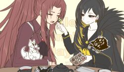 2girls ascot big_and_will_be_bad_wolf big_bird_(project_moon) binah_(project_moon) black_ascot black_coat black_dress black_eyes black_hair blonde_hair box box_of_chocolates closed_eyes closed_mouth coat colored_inner_hair dress feeding fur-trimmed_coat fur_trim gebura_(project_moon) gem hexagon_print highres library_of_ruina long_hair long_sleeves looking_at_another mole mole_under_eye multicolored_hair multiple_girls parted_bangs pgl9561 ponytail project_moon red_coat red_gemstone red_hair sidelocks simple_background upper_body very_long_hair yellow_background yellow_gemstone