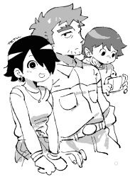1girl 2boys belt black_eyes black_hair earrings expressionless game_console hair_over_one_eye highres jewelry knives_chau light_blush looking_at_viewer monochrome multiple_boys necklace neil_nordegraf open_mouth pants scott_pilgrim_(series) scott_pilgrim_takes_off shirt short_hair signature skirt smile stephen_stills tetsu_(teppei) white_background