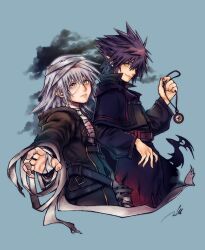 2boys alternate_costume arm_up bandaged_arm bandaged_chest bandaged_head bandages belt black_belt black_coat black_hair blue_background closed_mouth coat cropped_legs eye_contact heterochromia holding holding_compass kingdom_hearts kingdom_hearts:_chain_of_memories long_sleeves looking_at_another male_focus mim_(mimya0600) multiple_boys outstretched_arm pink_eyes popped_collar riku_replica scar scar_on_face signature smile vanitas_(kingdom_hearts) wing_collar yellow_eyes