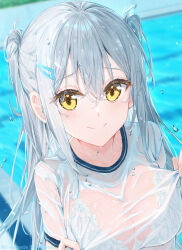 1girl blush bra breasts closed_mouth collarbone flower hair_ornament hairclip long_hair looking_at_viewer medium_breasts na_kyo original outdoors pool see-through_clothes see-through_shirt shirt short_sleeves smile solo underwear water water_drop wet wet_clothes wet_shirt white_hair white_shirt yellow_eyes