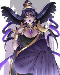 1girl albino black_hair dangerousbride female_focus goddess_bracelet goddess_headdress goddess_robe hades_(series) hades_1 highres lipstick makeup mature_female nail_polish nyx_(hades) solo yellow_eyes