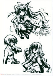 Rule 34 | absurdres, antenna hair, blazer, bow, bowtie, breasts, chaos;head, clenched hand, debris, feathers, floating, gero-froggy, glasses, greyscale, hair bow, hair ornament, hairpin, high contrast, highres, holding, jacket, kishimoto ayase, kusunoki yua, lineart, long hair, looking at viewer, matsuo yukihiro, medium breasts, monochrome, multiple girls, necktie, non-web source, official art, one side up, open hand, outstretched arm, outstretched arms, pleated skirt, ponytail, round eyewear, sakihata rimi, scan, school emblem, school uniform, short hair, skirt, small breasts, suimei academy, suimei school uniform, thighhighs