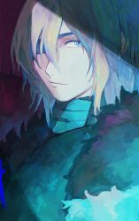 Rule 34 | 1boy, armor, black armor, black fur, blue eyes, breastplate, closed mouth, dimitri alexandre blaiddyd, dimitri alexandre blaiddyd (timeskip), eyepatch, fire emblem, fire emblem: three houses, hair behind ear, hakopopo, highres, looking to the side, male focus, nintendo, one eye covered, parted bangs, sideways glance, smile, solo, upper body, white fur