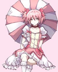 1girl bow bow_choker buttons center_frills choker closed_mouth collarbone cowboy_shot dot_nose dress frilled_dress frilled_skirt frilled_sleeves frilled_socks frills gloves hair_between_eyes hair_bow highres hokuyi holding holding_umbrella kaname_madoka kaname_madoka_(magical_girl) kneehighs light_blush light_smile looking_at_viewer magical_girl mahou_shoujo_madoka_magica mahou_shoujo_madoka_magica_(anime) medium_skirt pink_background pink_bow pink_dress pink_eyes pink_hair pink_umbrella puffy_short_sleeves puffy_sleeves red_bow red_choker short_dress short_hair short_sleeves short_twintails simple_background sitting skirt skirt_under_dress socks solo square_neckline twintails two-tone_umbrella umbrella umbrella_over_shoulder waist_bow white_gloves white_skirt white_sleeves white_socks white_umbrella