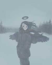 1girl artist_name bags_under_eyes black_eyes black_hair black_halo black_wings blush boots brown_coat brown_scarf coat enpera feathered_wings haibane_renmei halo hands_in_pockets highres kurohanenone light_smile long_hair outdoors pants pine_tree scarf snowing striped_clothes striped_scarf tree wind wings