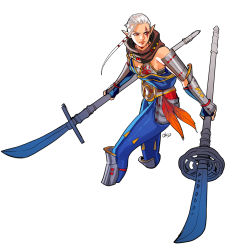1girl ahoge armor bodystocking braid cropped_legs dark-skinned_female dark_skin dual_wielding facial_tattoo faulds female_focus fingerless_gloves glaive_(polearm) gloves greaves highres holding huge_ahoge hyrule_warriors impa muneate nintendo okada_(hoooojicha) pauldrons polearm red_eyes sarashi scarf shoulder_armor solo tattoo the_legend_of_zelda the_legend_of_zelda:_ocarina_of_time vambraces weapon white_background white_hair