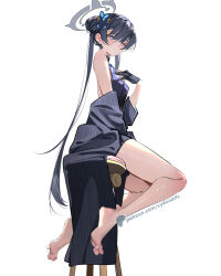 1girl bare_arms barefoot black_dress black_gloves black_hair black_jacket blue_archive chair china_dress chinese_clothes double_bun dress full_body gloves grey_eyes grey_halo hair_bun halo jacket kisaki_(blue_archive) legs long_hair looking_at_viewer mixed-language_commentary off_shoulder on_chair patreon_username side_slit simple_background sleeveless solo sydus thighs toes twintails very_long_hair white_background