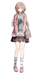 Rule 34 | 1girl, bag, brown hair, brown skirt, character request, closed mouth, copyright request, frilled socks, frills, full body, grey eyes, hair ornament, hairclip, highres, jacket, jewelry, long hair, long sleeves, looking at viewer, migolu, necklace, open clothes, open jacket, pink jacket, pink shoes, shirt, shoes, shoulder bag, simple background, skirt, smile, socks, solo, standing, white background, white shirt, white socks