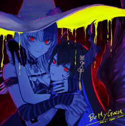 2girls asymmetrical_horns black_hair blue_hair breasts colored_inner_hair demon_horns enigmatic_recollection flower hair_ornament hololive hololive_english horn_flower horns large_breasts long_hair looking_at_viewer mole mole_under_eye multicolored_hair multiple_girls nerissa_ravencroft nerissa_ravencroft_(1st_costume) red_eyes shiori_novella shiori_novella_(1st_costume) smile split-color_hair two-tone_hair uneven_horns very_long_hair virtual_youtuber yuri_kyanon