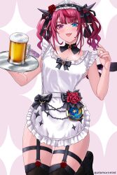 +_+ 1girl apron artist_name beer_mug black_bow black_collar black_garter_straps black_horns black_ribbon black_thighhighs blue_eyes blush bow breasts chest_bow cleavage collar commentary cross crystal_wings cup curly_hair fingernails flower frilled_apron frills garter_straps gradient_wings hair_bow hair_ribbon heterochromia highres holding holding_tray hololive hololive_english horns irys_(hololive) irys_(maid)_(hololive) long_hair looking_at_viewer maid maid_apron maid_headdress mug multicolored_hair multicolored_wings nail_polish pink_background pink_eyes pink_hair pink_nails pointy_ears red_flower red_rose ribbon rose seraphim_throne smile solo streaked_hair thighhighs thighs tongue tongue_out tray twintails twitter_username two-tone_background two-tone_hair virtual_youtuber white_apron white_background wings