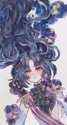 1girl aiguillette black_hair blush bow bowtie commentary dominique_de_sade floral_background highres jacket long_hair looking_at_viewer sash shirt solo user_ders4378 vanitas_no_carte very_long_hair white_background white_jacket yellow_eyes