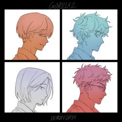 Rule 34 | 4boys, album cover redraw, album name, closed mouth, collared shirt, commentary request, demon days (gorillaz), derivative work, from side, futsuu no keion-bu, glasses, gorillaz, group name, highres, looking at viewer, male focus, mizuo haruichi, multiple boys, multiple monochrome, portrait, profile, protocol. (futsuu no keion-bu), shirt, short hair, smile, taguchi ryuuya, takami kouki, tohno gen, tsurime, very short hair, wavy hair, za (sametapizza )