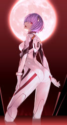 1girl absurdres ass ayanami_rei blue_hair bodysuit female_focus from_behind highres interface_headset_(evangelion) looking_at_viewer looking_back mecha_pilot_suit moon neon_genesis_evangelion ninnzinn open_mouth plugsuit_(evangelion) red_eyes short_hair solo water