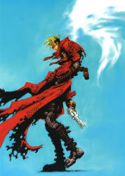 1boy agl_arms_.45_long_colt black_hair blonde_hair break-action_revolver cloud coat gun handgun high_collar highres long_coat low_bore_axis_revolver male_focus manly mechanical_arms mechanical_legs multicolored_hair nightow_yasuhiro prosthesis prosthetic_arm prosthetic_leg red_coat revolver short_hair single_mechanical_arm single_mechanical_leg solo spiked_hair sunglasses torn_clothes trench_coat trigun trigun_maximum two-tone_hair vash_the_stampede weapon