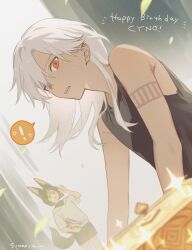 ! 2boys animal_ears bare_shoulders black_shorts black_tank_top book character_name commentary_request cyno_(genshin_impact) dark-skinned_male dark_skin english_text fox_boy fox_ears fox_tail genshin_impact green_hair hair_between_eyes happy_birthday highres holding holding_book leaf long_hair male_focus multiple_boys red_eyes short_sleeves shorts signature sioooiz sleeveless solo_focus spoken_exclamation_mark sweat tail tank_top tighnari_(genshin_impact) white_hair