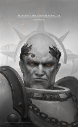 Rule 34 | 1boy, absurdres, armor, bald, breastplate, chain, copyright logo, copyright notice, cover, cover page, embers, glowing, glowing eyes, gorget, greyscale, halo, highres, iron halo, laurel crown, laurels, leszek wozniak, looking at viewer, monochrome, orange eyes, pauldrons, purity seal, shoulder armor, sigismund, spiked halo, title, title page, warhammer 40k