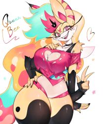 animal_ears bare_shoulders beelzebub_(helluva_boss) black_choker black_nails black_thighhighs blonde_hair blue_hair breasts choker cleavage cleavage_cutout clothing_cutout extra_arms furry furry_female hand_on_own_chest hand_on_own_hip heart heart-shaped_pupils heart_cutout helluva_boss highres huge_breasts large_ears long_hair looking_at_viewer multicolored_hair pink_eyes pink_hair smile snout symbol-shaped_pupils thick_thighs thighhighs thighs togetoge very_long_hair white_fur wide_hips yellow_fur