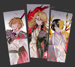 Rule 34 | 1girl, 2boys, ahoge, black coat, blonde hair, blood, blood on clothes, blood on face, cape, closed mouth, coat, cowboy shot, don quixote (project moon), e.g.o (project moon), gauntlets, gold trim, hanbok, hand up, jacket, ko bammm, korean clothes, la manchaland (identity) (project moon), limbus company, long hair, looking at viewer, multiple boys, n corp. fanatic (identity) (project moon), parted bangs, project moon, red eyes, sancho (project moon), sinclair (project moon), spicebush (e.g.o), technology liberation alliance (identity) (project moon), very long hair, white cape, white hanbok, white jacket, yi sang (project moon)
