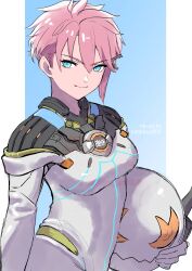 1girl artist_name blue_background blue_eyes bodysuit breasts commentary_request gradient_background hair_between_eyes helmet highres holding_unworn_helmet karian909 liesel_(xenoblade) looking_at_viewer medium_breasts outside_border pillarboxed pink_hair solo standing twitter_username unworn_headwear unworn_helmet white_bodysuit xenoblade_chronicles_(series) xenoblade_chronicles_x