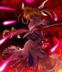 Rule 34 | 00s, 1girl, blank eyes, blood, blue eyes, brown hair, empty eyes, energy ball, female focus, fire, highres, lyrical nanoha, magazine (weapon), magical girl, mahou shoujo lyrical nanoha, mutsuki (moonknives), raising heart, seven arcs, solo, takamachi nanoha, torn clothes, twintails, white devil