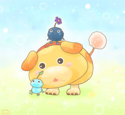 animal_collar animal_focus artist_name belt_buckle black_eyes black_skin blue_background blue_skin blush_stickers bubble buckle collar colored_skin commentary dog floppy_ears flower green_background ice ice_pikmin kuma_goron leaf leaning_on_animal nintendo no_humans no_mouth oatchi_(pikmin) open_mouth pikmin_(creature) pikmin_(series) pikmin_4 purple_flower red_collar rock rock_pikmin shadow signature sitting sitting_on_animal sparkle spots two-tone_background yellow_fur