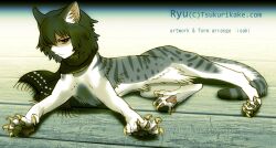 Rule 34 | 1boy, animal ears, animal hands, body fur, brown hair, brown scarf, cat boy, cat ears, cat paws, english text, grey fur, grey tail, human head, isaki (shimesaba), male focus, monster boy, multicolored fur, multicolored tail, original, scarf, solo, sphinx, tail, white fur, white tail, wooden floor