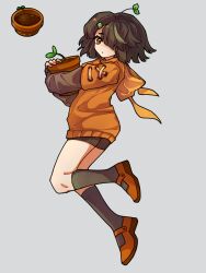 1girl black_socks blunt_bangs brown_hair brown_shirt brown_shorts chinese_commentary closed_mouth commentary_request double_horizontal_stripe flower_pot flower_pot_(plants_vs_zombies) full_body grey_background grey_hair hair_ornament hair_over_one_eye highres holding holding_flower_pot hood hood_down hoodie ive0iv7307 jumping kneehighs knees_together_feet_apart layered_sleeves leaf long_sleeves looking_at_viewer looking_back mary_janes multicolored_hair no_nose official_art_inset one_eye_covered orange_eyes orange_hoodie orange_shoes personification plants_vs._zombies shirt shoes short_hair short_over_long_sleeves short_shorts short_sleeves shorts simple_background socks solo sprout streaked_hair two-tone_hair
