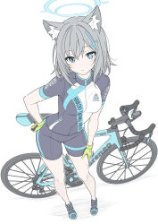 1girl animal_ear_fluff animal_ears arms_at_sides bicycle bike_jersey black_shoes blue_archive blue_halo blush breasts bright_pupils cross_hair_ornament cycling_uniform extra_ears full_body gloves green_gloves grey_hair hair_between_eyes hair_ornament halo hand_on_own_hip head_tilt highres looking_at_viewer medium_breasts medium_hair mismatched_pupils official_alternate_costume parted_lips shiroko_(blue_archive) shiroko_(cycling)_(blue_archive) shoes simple_background solo standing t1kosewad thighs white_background white_pupils wolf_ears