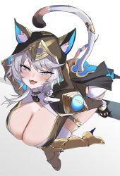 1girl absurdres animal_ears black_gloves black_leotard blue_eyes blush breasts cat_ears cat_girl cat_tail cipher_(honkai:_star_rail) cleavage fangs gloves grey_hair highres honkai:_star_rail honkai_(series) hood hood_up large_breasts leotard long_sleeves looking_at_viewer medium_hair open_mouth s4ika shorts smile solo tail thighs white_shorts