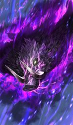 boar commentary fate/grand_order fate_(series) fire glowing glowing_eyes lasengle light_particles no_humans object_focus official_art pelt pink_fire purple_theme still_life third-party_source